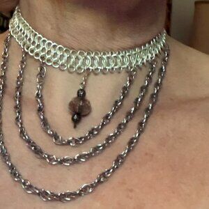 Silver Multi-Layer Chain Choker Necklace with Beaded Pendant - NEW